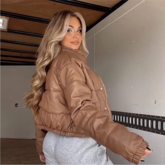 Leather puffer jacket - Brown NWT - Picture 3 of 3